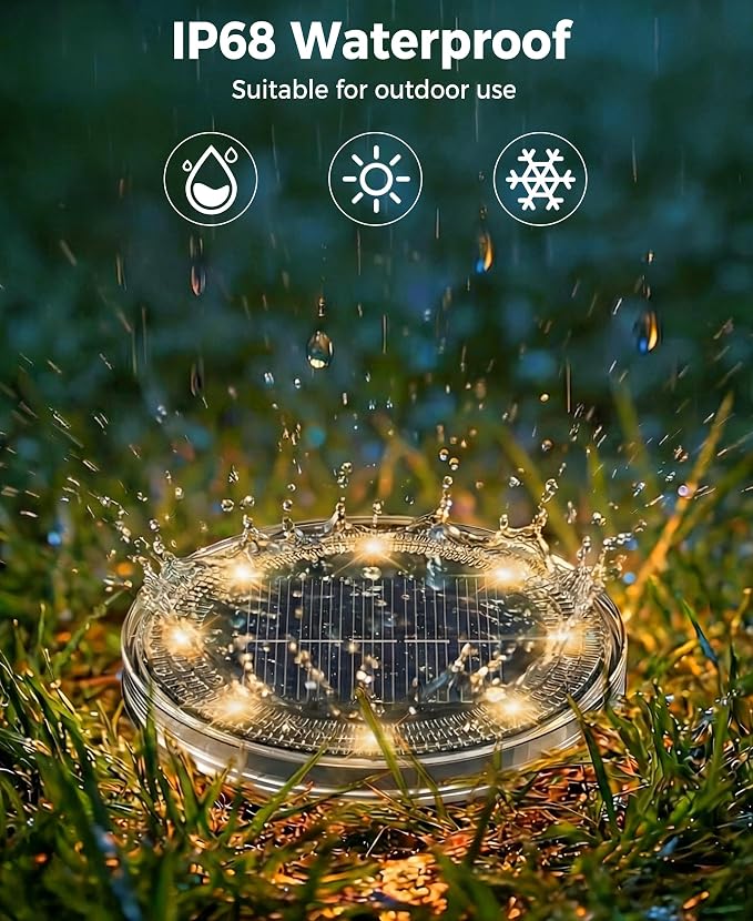 LOTMOS 4 Pack Solar Ground Lights Outdoor, 8 LED Solar Flat Lights IP68 Waterproof Disc Light, Landscape Lighting Solar Powered for Garden Yard Path Driveway Lawn Patio Walkway, Warm White