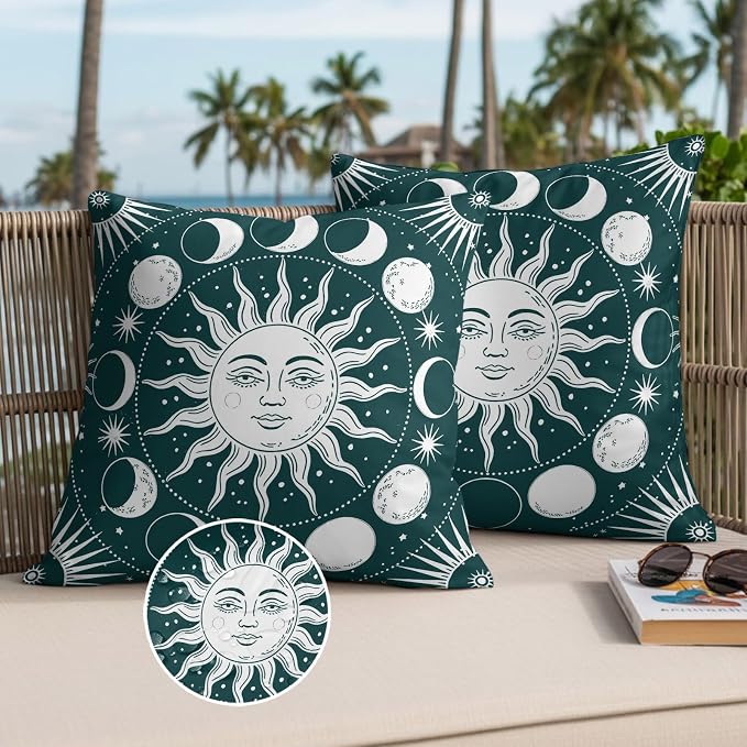 Celestial Sun and Moon Waterproof Outdoor Pillow Covers Set of 2 Home Decor, Green Starry Galaxy Boho Pillowcase Patio Pillow Covers for Couch Bench Patio Furniture Garden 26x26in
