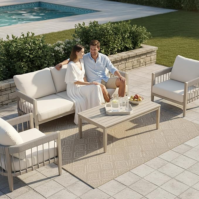 Outdoor Coffee Table, Never-Rust Aluminum Patio Coffee Table with Faux Wood Grain Finish, 24" x 43" Rectangle All-Weather Patio Table with Adjustable Feet for Balcony, Deck, Garden