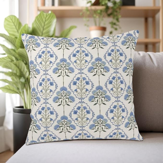 Vintage Floral Pillow Covers Blue Green Boho Flower Block Print Throw Pillow Cover 18x18 Spring Summer Hydrangea Pillow Cases Wildflower Farmhouse Cushion Case for Home 2 Pack
