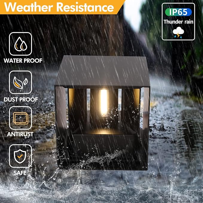 Mille Lucciole 4 Pack Outdoor Wall Lights Exterior/Interior LED Wall Sconces IP65 Waterproof Square Aluminum Wall Lamps Outdoor Lighting Fixture Up and Down Lights Modern Black 12W 3000K Warm Lights