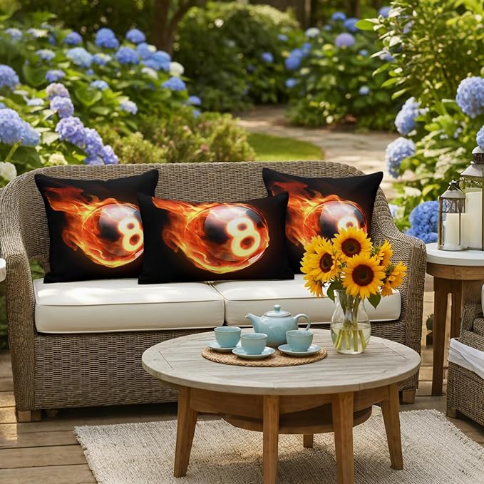 Billiards Outdoor Pillow Covers 20x20 Inch Throw Pillow Covers Set of 2 Waterproof Decorative Pillow Cases Modern Buruning Flame Sport Black Background Cushion Covers for Patio Furniture Garden Couch