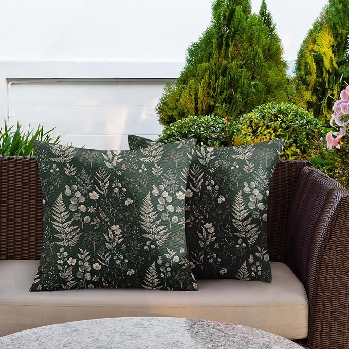 Throw Pillow Covers, Wildflower Eucalyptus, 18 x 18 Inch, Set of 2 | Cottagecore Farmhouse Garden Green Waterproof Outdoor Square Cushion Case Pillowcase for Couch Beach Patio