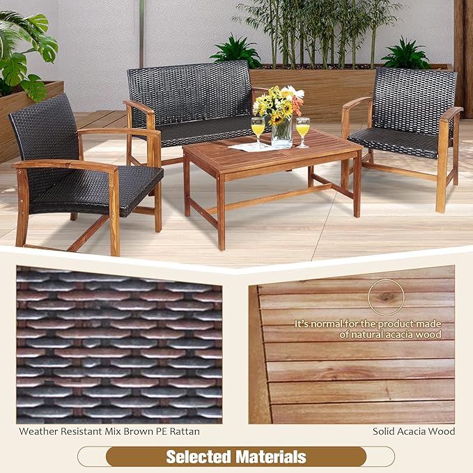 HAPPYGRILL 4 Pieces Patio Furniture Set Outdoor Patio Conversation Set with Coffee Table Loveseat Armchairs, Solid Acacia Wood, PE Wicker Surface, Modern Chat Set for Deck Poolside and Backyard