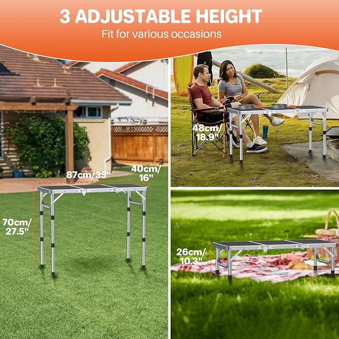FUNYKICH 3ft Folding Grill Table for Outside 34.2''x15.7'', 3 Height Adjustable Portable Camping Table, Lightweight Metal Aluminum Outdoor Table with Carry Handle for Camping, Picnic, BBQ, Silver