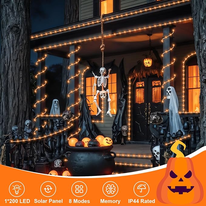 QITONG Orange Solar Halloween Lights, 66ft 200 LED Solar Rope Lights Outdoor, Fairy Lights in Clear Thin Tube with 8 Modes for Thanksgiving Fall Decor