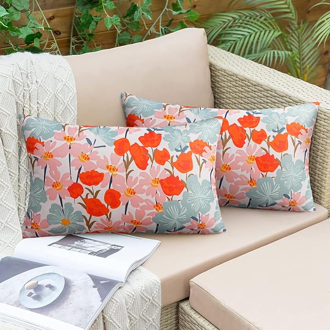 Pyonic Floral Outdoor Lumbar Pillows Covers 12x20 inch Waterproof Spring Summer Decor Outdoor Pillows for Patio Furnture Garden Bench Porch