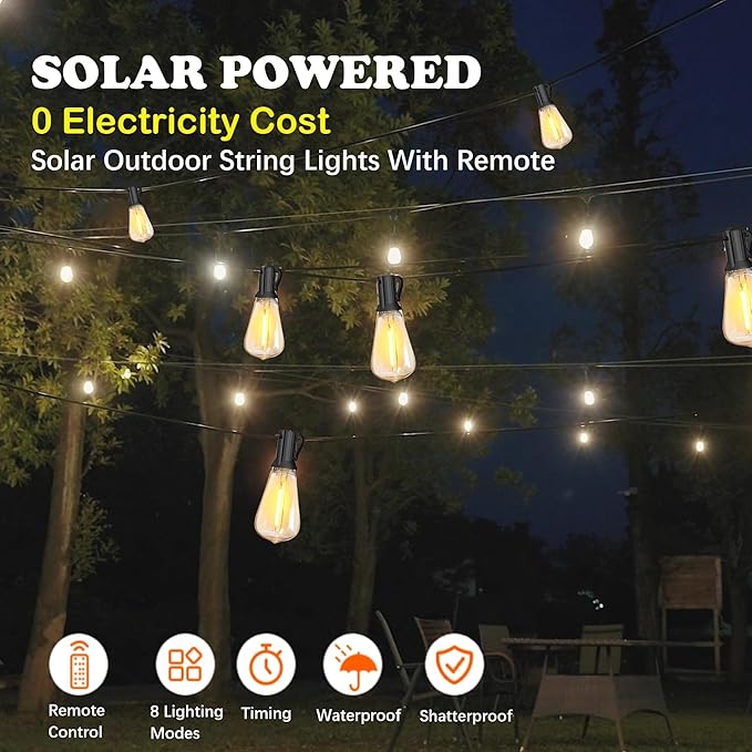 Stright 100FT Solar String Lights Remote Weatherproof ST38 LED Backyard | Remote Control, 8 Light Modes, Weatherproof Shatterproof ST38 LED Bulb, For Backyard Porch Cafe, Large Solar Panel