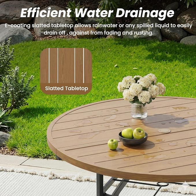 Soohow Round Outdoor Dining Table, 41" Round Patio Table Wood-Like Grain with 1.57" Umbrella Hole, Metal Outdoor Dining Tables for Backyard and Poolside