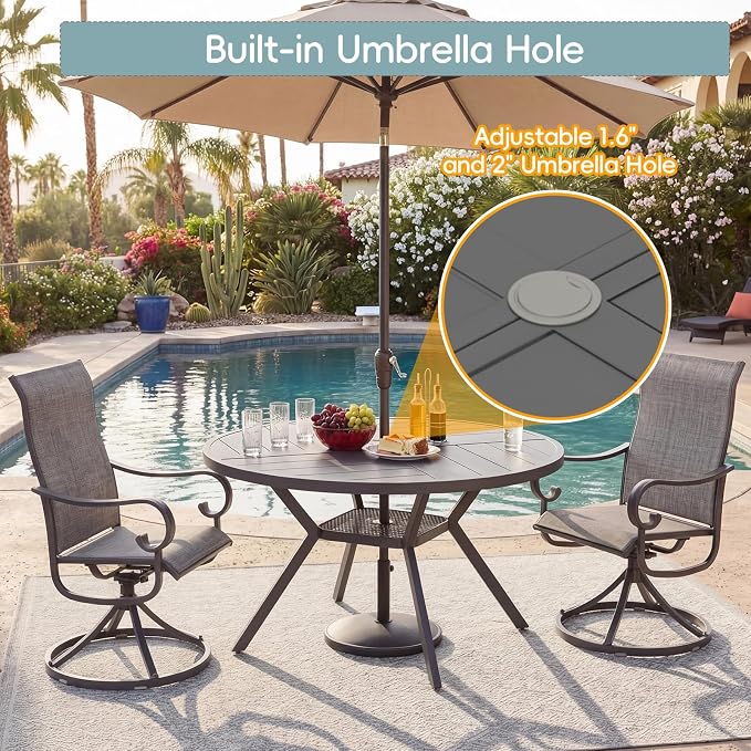 47" Outdoor Patio Table Dining Table All Weather Metal Round Patio Dining Table with Adjustable Umbrella Hole Patio Furniture for Lawn Garden Backyard, Grey
