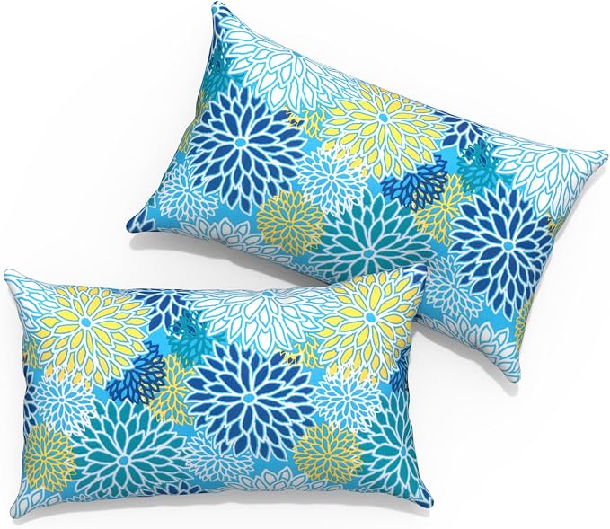 Outdoor Lumbar Pillows 12x20 inch, Rectangle Throw Pillows with Inserts, Decorative Lumbar Cushions for Patio Furniture Garden Couch Home Sofa Office Chair, Pack of 2, Dahlia Blue