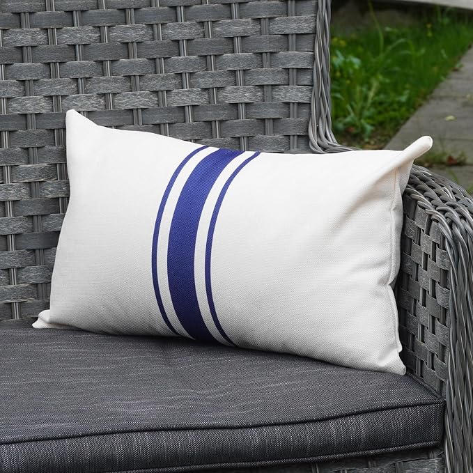 ONWAY Outdoor Pillow Covers Waterproof 12x20 Set of 2 Decorative Linen Throw Pillow Cover Beige and Navy Blue Striped Outdoor Pillows for Patio Furniture