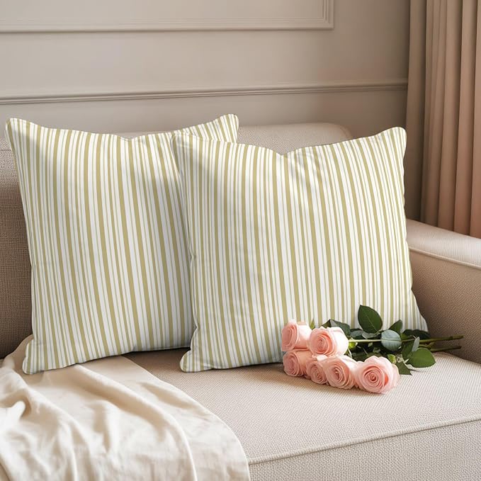 Yellow Vertical Stripes Waterproof Outdoor Pillow Covers Set of 2 Home Decor, Boho Pinstripes Apricot Lines Pillowcase Patio Pillow Covers for Couch Bench Patio Furniture Garden 18x18in