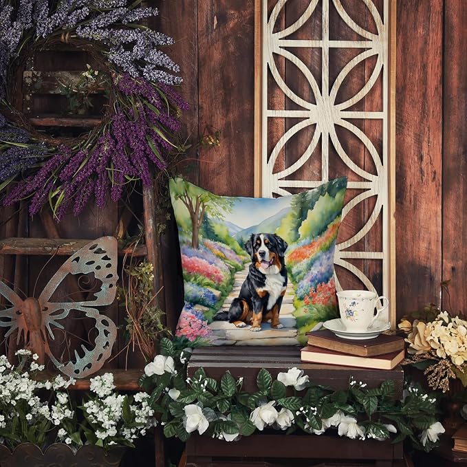 Caroline's Treasures Bernese Mountain Dog Spring Path Throw Pillow Machine Washable, Indoor Outdoor Decorative Pillow for Couch, Bed or Patio, 18Hx18W