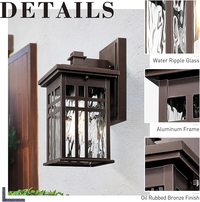 zeyu 12 Inch Patio Wall Light Fixture, 2 Pack Outdoor Modern Wall Lights, Die-Cast Aluminum, Oil Rubbed Bronze Finish with Water Ripple Glass Glass, 20068B1-2PK ORB WP