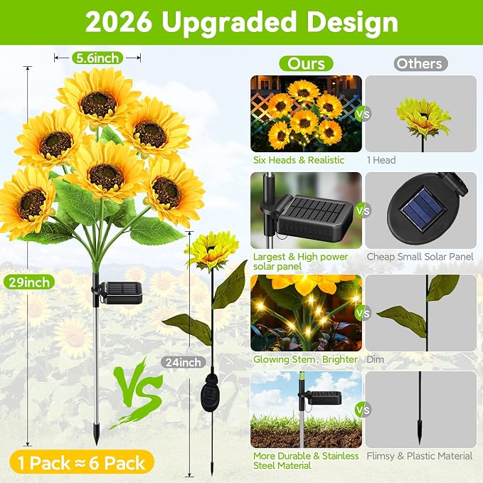 Solar Sunflower Lights Outdoor Garden Decor, 3 Pack Upgraded 18 Bright Sunflowers, Solar Flower Lights Waterproof for Garden, Flower Bed, Yard, Pathway, Patio Decor, Gift for Women, Mom, Grandma