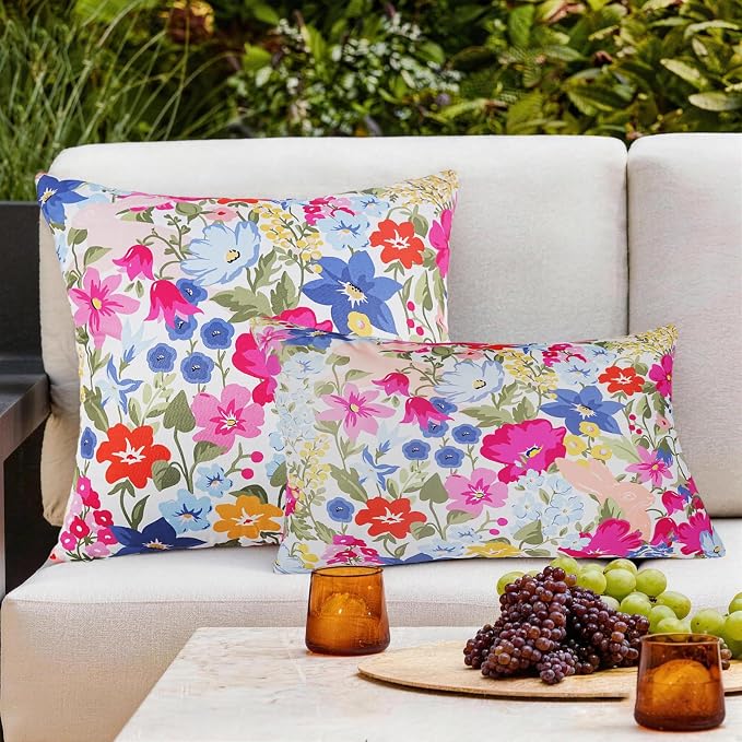 Adabana Outdoor Waterproof Floral Pillow Covers 12x20 Inch | Colorful Outdoor Pillow Covers Summer Decirative for Patio Furniture Porch Garden Pillows