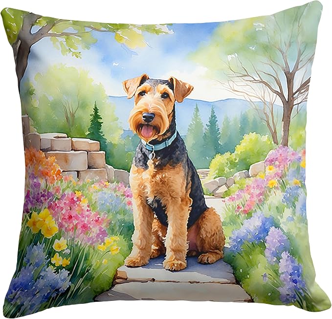 Caroline's Treasures Airedale Terrier Spring Garden Throw Pillow Machine Washable, Indoor Outdoor Decorative Pillow for Couch, Bed or Patio, 14Hx14W