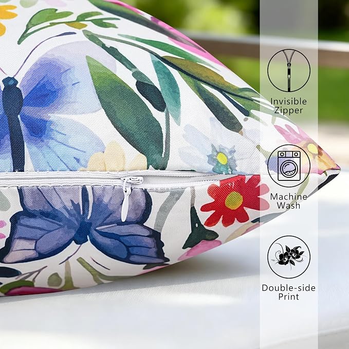 cygnus Spring Summer Outdoor Pillow Covers 18x18 Inch Waterproof Wild Flower Butterfly Outdoor Pillows for Patio Furniture Garden Home Decor