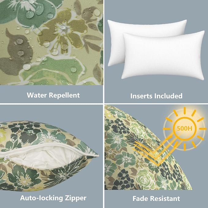 LVTXIII 2 Pack Outdoor Lumbar Pillows 12x20 Inch with White Piping, Fade Resistant Support Throw Pillows with Inserts for Patio Furniture, Sofa, Chair, Green Rose