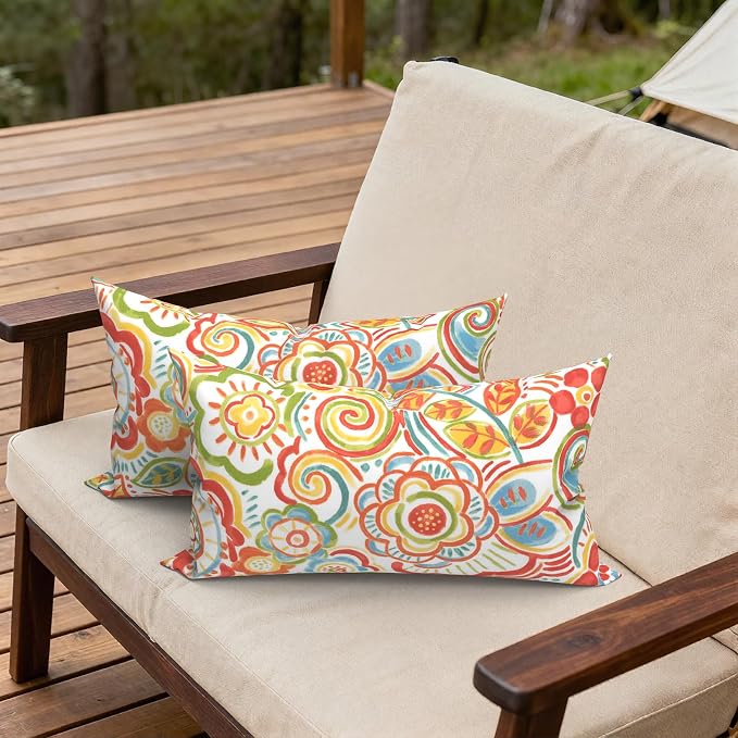 Outdoor Lumbar Pillows, Water Repellent Cushion Pillows 12x20 Inch, Outdoor Pillows with Inserts for Home Garden, Pack of 2, Flower Multi