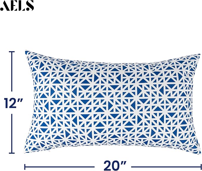 Outdoor Lumbar Pillow Covers 12x20 Inch, Pack of 2, Blue Geometric, Waterproof, Perfect for Patio Furniture, Tent, Garden, Cover ONLY