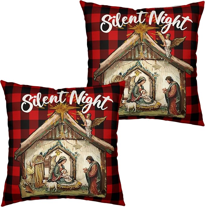 Xmas O Holy Night Silent Night Throw Pillow Covers Jesus Nativity Pillow Case Red Buffalo Plaid Christmas Pillow Covers 20x20 Set of 2 for Living Room Couch Bedroom