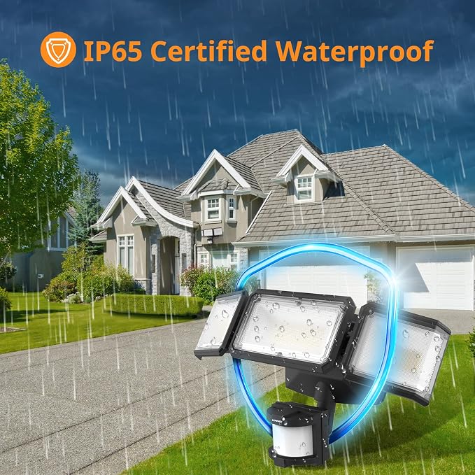 LEPOWER 1500LM Battery Powered Outdoor LED Flood Light with Motion Sensor | IP65 Waterproof, Wireless Battery Operated Security Lights, 3 Head Motion Detector Light for Garage,Yard,Porch,Driveway-Black