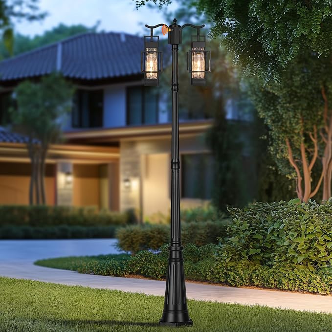 Dusk to Dawn Outdoor Lamp Post Light 2-Head, Hardwired Street Light Post for Outside Metal Pole Light Outdoor Lighting with Water Glass Shade for Garden Patio Backyard Walkway Driveway