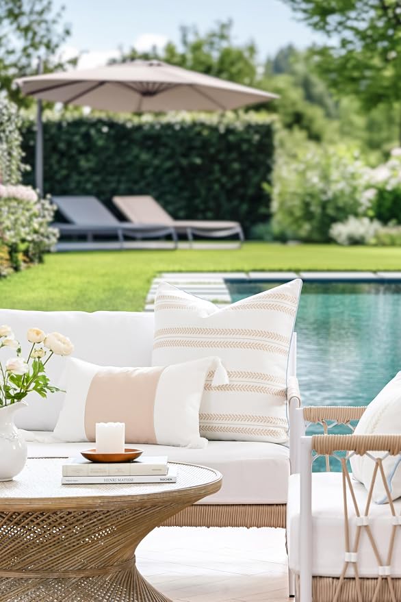 Hofdeco Premium Coastal Hampton Patio Indoor Outdoor Throw Pillow Cover Only, 22"x22" Water Repellent for Backyard, Couch, Poolside, Neutral Tan Blue Print Leaf Striped