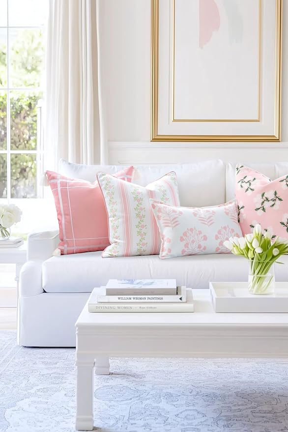 Hofdeco Premium Coastal Patio Indoor Outdoor Throw Pillow Cover Only, 20"x20" Water Repellent for Backyard, Couch, Blush Pink Print Hydrangea Flower