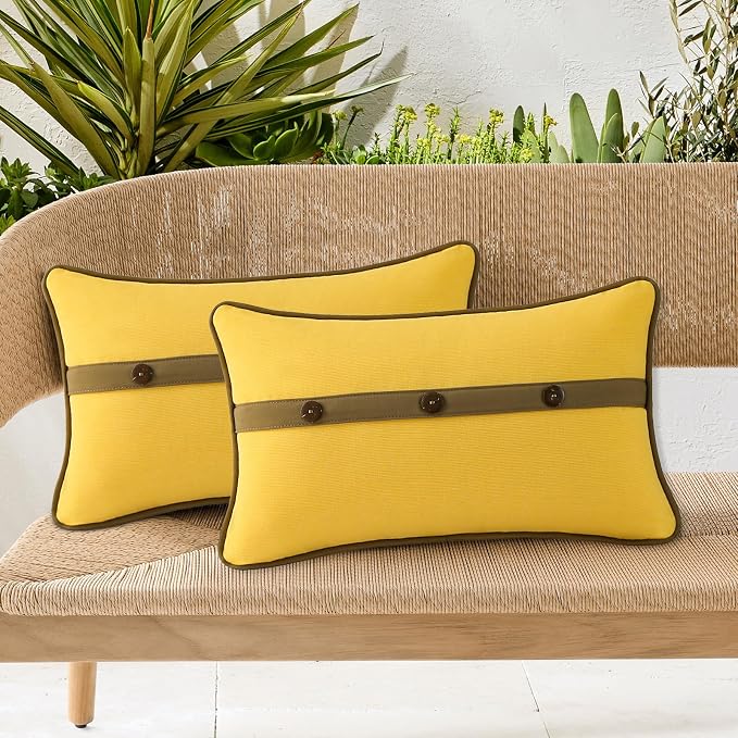 Outdoor Sunbrella Decorative Pillows with Triple Coconut Buttons Pack of 4, 20" x 12" Outdoor Pillow Set for Couch Bed Throw Patio Sofa, Spectrum Daffodil/Canvas Cocoa