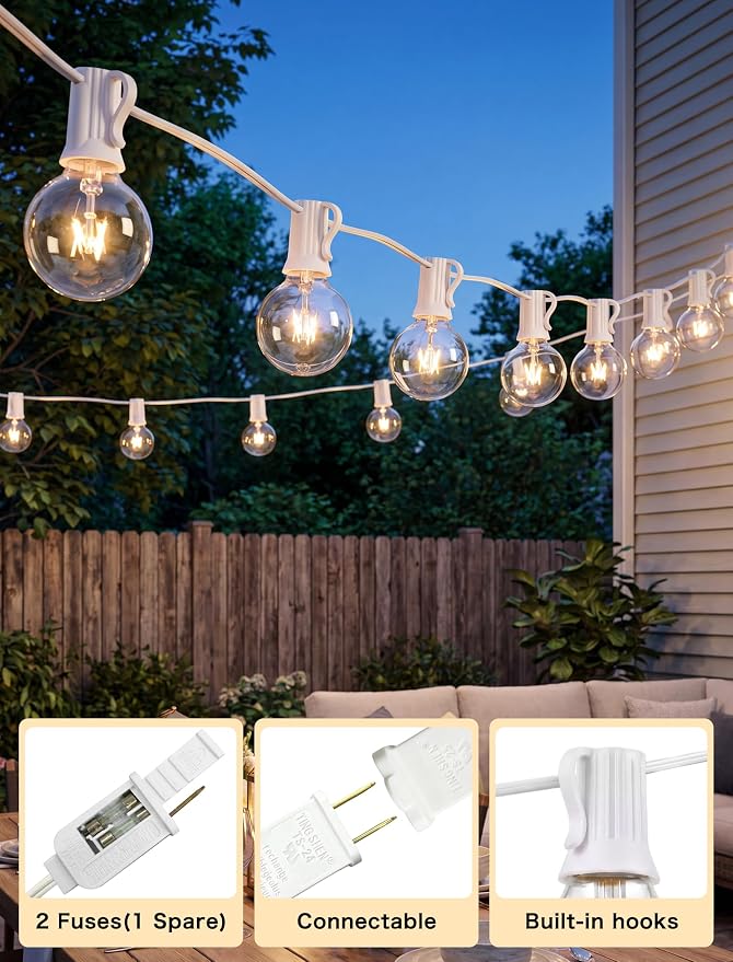 25FT Outdoor White String Lights with 27 Clear Bulbs, G40 Globe Patio String Lights for Indoor/Outdoor, Connectable Hanging Lights for Backyard Porch Balcony Party Decor - White Wire