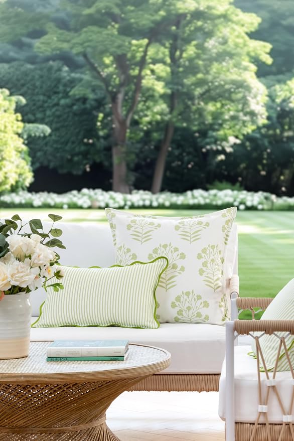 Hofdeco Premium Coastal Patio Indoor Outdoor Throw Pillow Cover Only, 20"x20" Water Repellent for Backyard, Couch, Green Print Floral