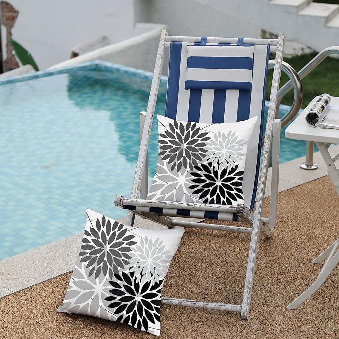DFXSZ Pack of 2 Outdoor Waterproof Throw Pillow Covers 16x16 Grey Black | Polyester Colorful Spring Summer Floral Decorative Cushion Cases(NO INSERT),For Couch Patio Funiture Garden Home Decor