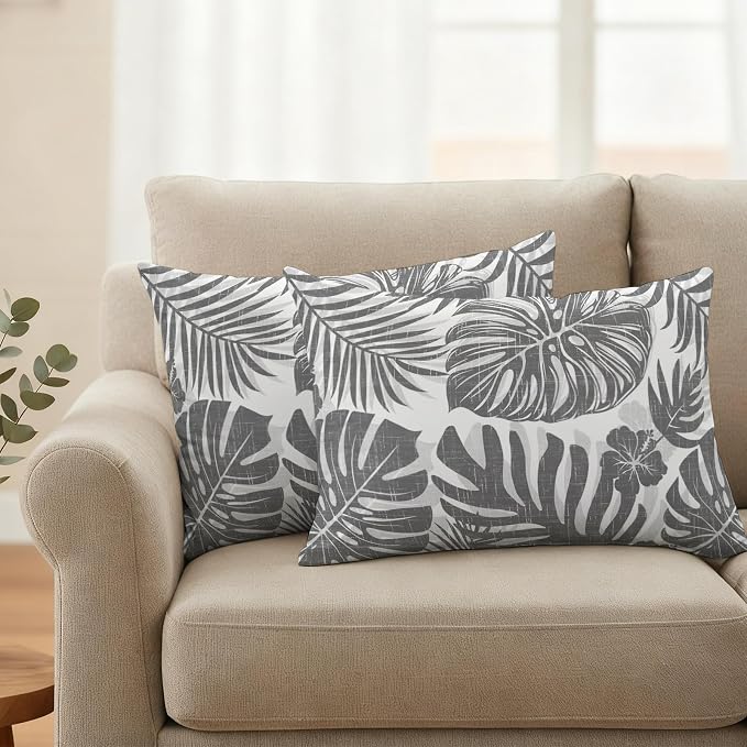 Grey Palm Leaves Outdoor Pillow Covers 20"x12" Set of 2, Tropical Botanical Minimalist Modern Waterproof Throw Pillow Covers for Patio Furniture, Decorative Cushion Covers for Porch