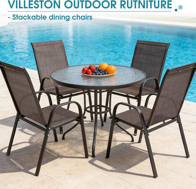24.4" Wide Outdoor Stackable Chairs Set of 4, Stacking Patio Chairs with Textilene Fabric, Outside Furniture for Garden Backyard Balconie Poolside Deck, Brown