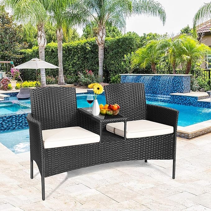 HAPPYGRILL Rattan Wicker Loveseat with Coffee Table Outdoor Patio Loveseat Conversation Sofa Furniture with Cushions for Garden Lawn Backyard Porch