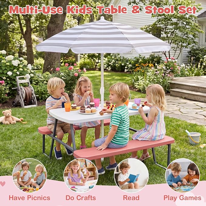 HONEY JOY Kids Picnic Table, 4 Person Toddler Outdoor Table and Chair Set, Built-in Benches, Removable Umbrella, Metal Frame & HDPE Top, Children Outdoor Furniture for Backyard Patio Garden (Pink)