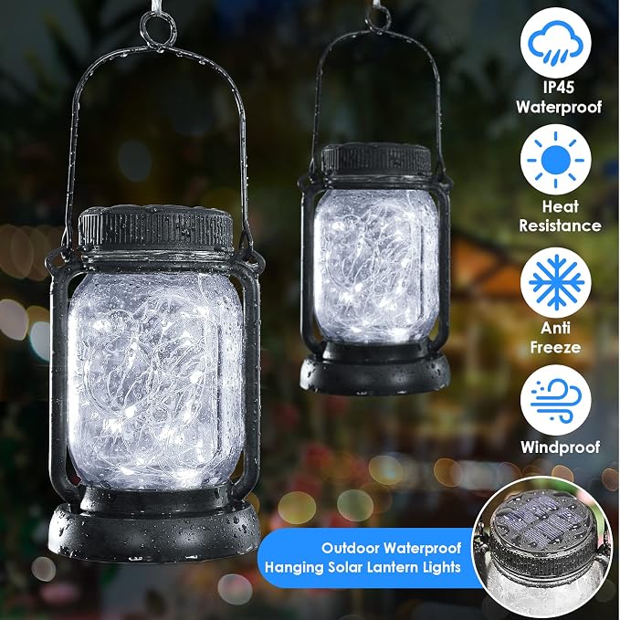 4 Pack Solar Mason Jar Hanging Lantern with Stakes, Cool White | Solar Fairy String Lights, Vintage Glass Lamp, Waterproof, Bright, for Indoor Outdoor Yard Patio Path Tree Xmas Decor