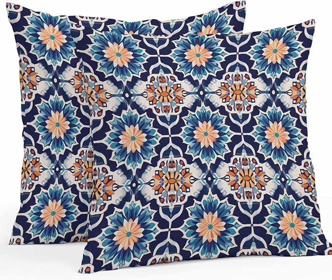 Orange Blue Outdoor Pillow Covers 18x18 Inch Throw Pillow Covers Set of 2 Waterproof Decorative Pillow Cases Morocco Boho Abstract Floral Ethnic Tribal Cushion Covers for Patio Furniture Garden Couch