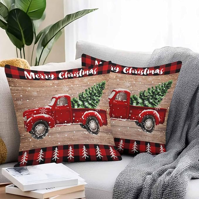 YOKOU Outdoor Throw Pillow Covers, Merry Christmas Truck Tree Vintage Board Wood Grain Buffalo Check Waterproof Pillowcases Cushion Covers Cases for Patio Couch Bench, Pack of 2 Square, 16"X16"