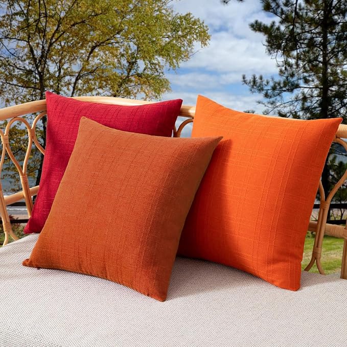 Kevin Textile Outdoor Waterproof 24”x24” Pillow Covers 2 Pack, Dark Orange | Water Resistant, Soft Faux Linen-cotton Yarn-dyed Woven Texture Throw Pillow Covers for Tent Patio Garden Couch Sofa