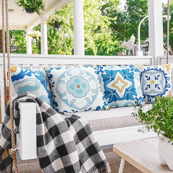 JASEN Outdoor Waterproof Pillow Covers, Blue Floral Outdoor Throw Pillow Cover Set of 4, Boho Double-Sided Decorative Outside Throw Pillows for Patio Furniture Porch Garden Couch