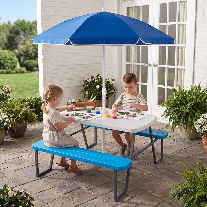 HONEY JOY Kids Picnic Table, 4 Person Toddler Outdoor Table and Chair Set, Built-in Benches, Removable Umbrella, Metal Frame & HDPE Top, Children Outdoor Furniture for Backyard Patio Garden (Blue)