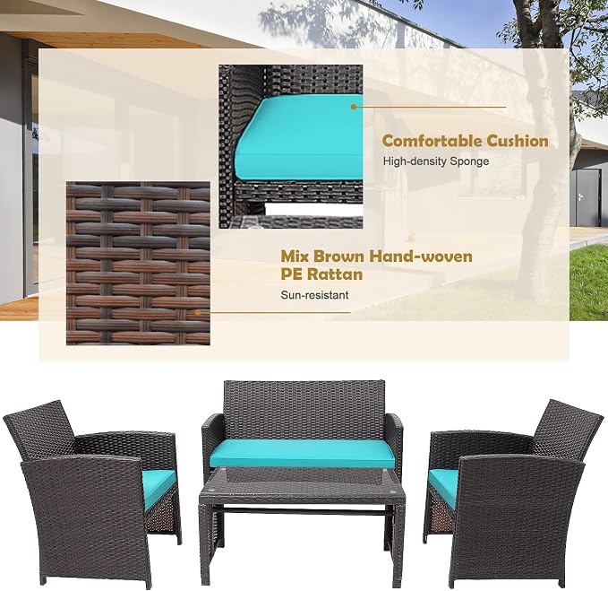 HAPPYGRILL Set of 4 Rattan Conversation Set Outdoor Wicker Furniture Set with Tempered Glass Coffee Table, Soft Cushions, Weather-Resistant Rattan Chair Set for Garden Backyard Poolside
