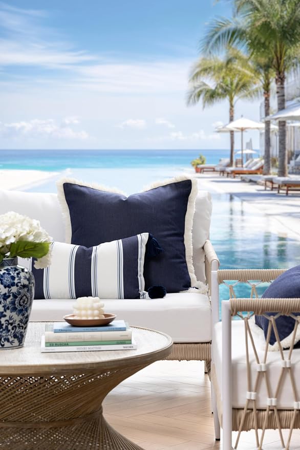 Hofdeco Premium Coastal Hampton Outdoor Performance Throw Pillow Cover Only, 22"x22" Water Repellent, UV and Fade Resistant for Backyard, Couch, Poolside, Indigo Blue Woven Solid