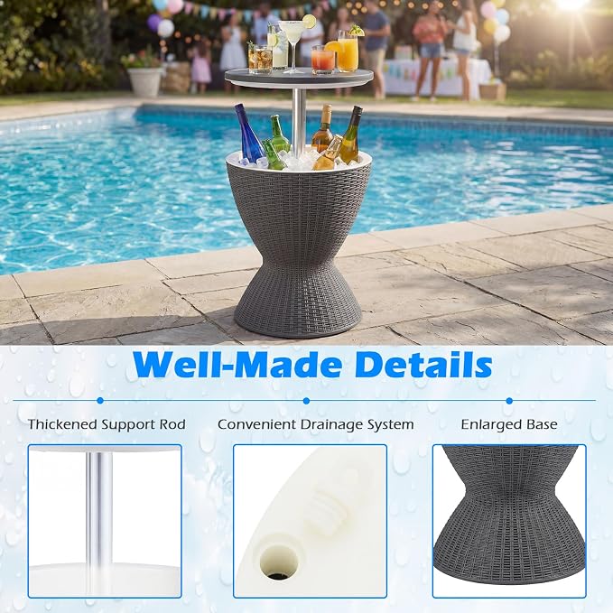 Tangkula Outdoor Cooler Table, Multi-Functional Cooler Bar Table, Adjustable Height Ice Cooler Side Table w/Drain Plug, 8 Gallon Beer & Wine Cooler, Rattan Style Patio Furniture for Pool Parties