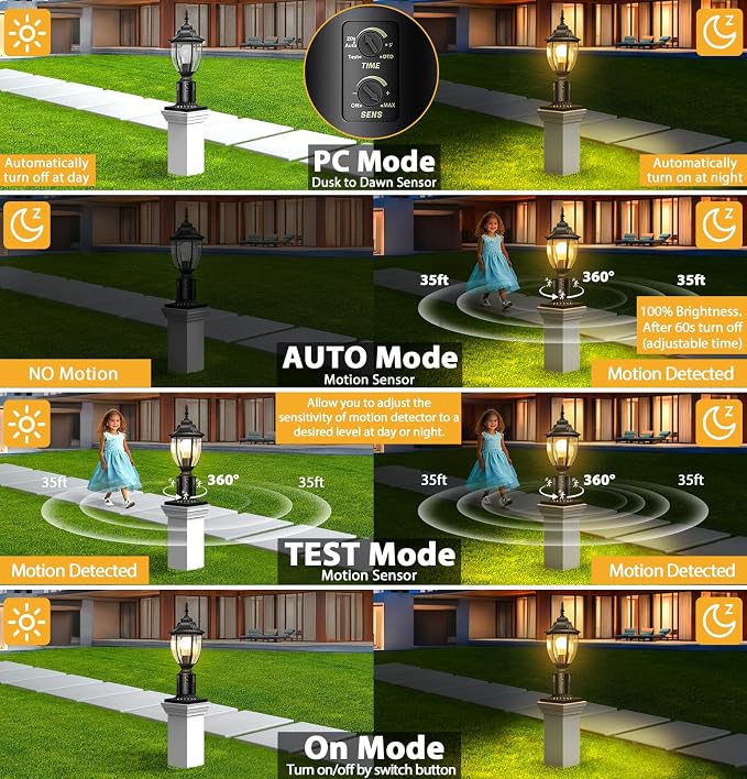 Lamomo Motion Sensor Outdoor Post Lights, Dusk to Dawn Lamp Post Light Fixture, Waterproof Aluminum Lamp Posts Outdoor Lighting Pole Lantern for Yard Patio Pathway Garden