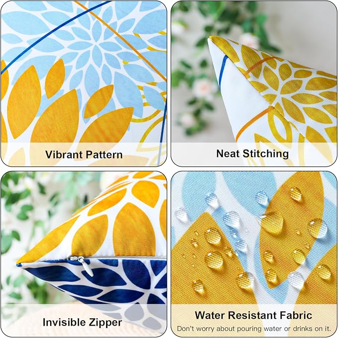 OTOSTAR Outdoor Golden Light Blue Pillow Covers 16x16 Inch Set of 2 Dark Blue Flower Throw Pillows Geometric Dahlia Floral Square Cushion Case Waterproof Decor for Sofa Patio Funiture Garden